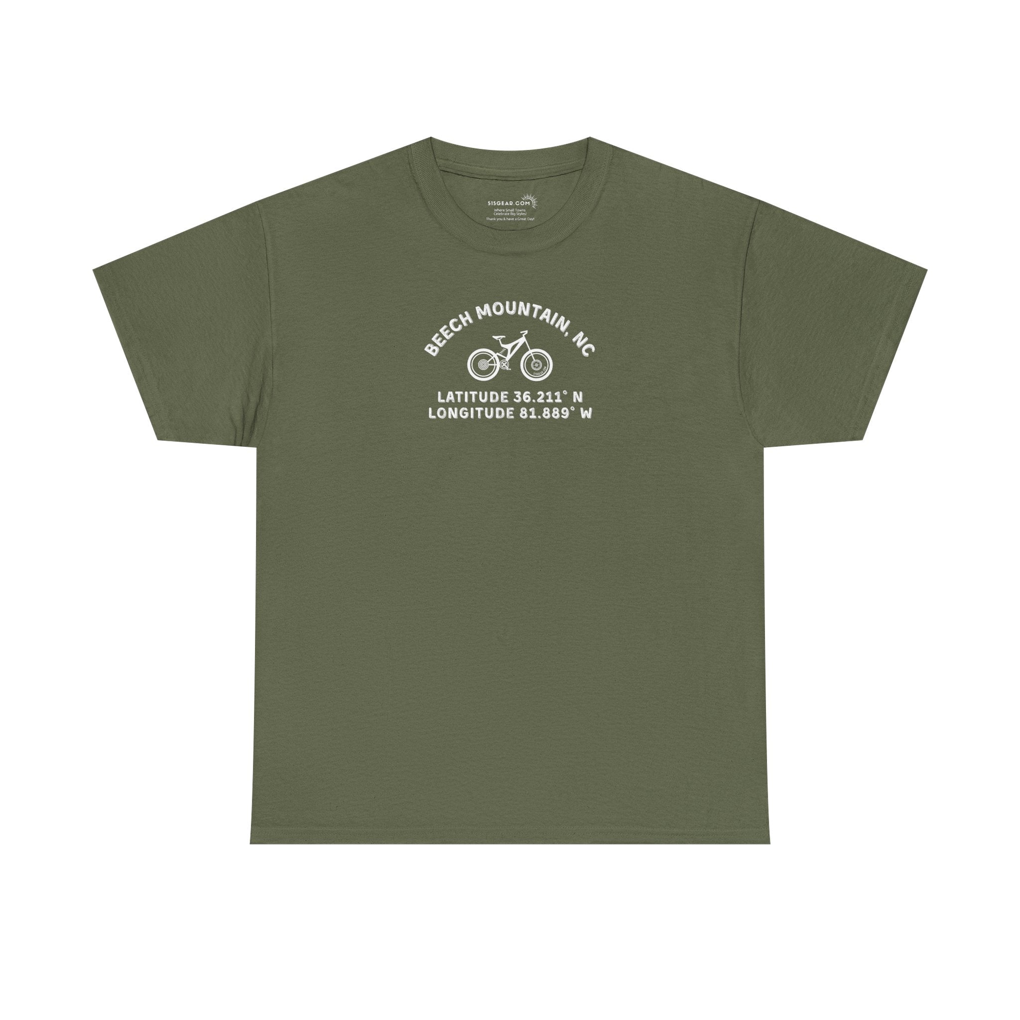 Green t-shirt with mountain bike graphic and text "Beech Mountain, NC - Latitude and Longitude" coordinates