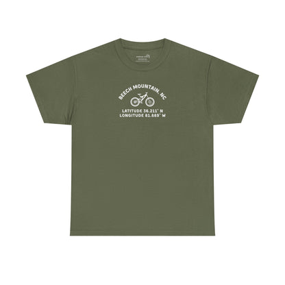Green t-shirt with mountain bike graphic and text "Beech Mountain, NC - Latitude and Longitude" coordinates