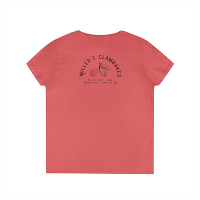 Red v-neck t-shirt with Oyster shell graphic and text Miller's Clambakes on the back