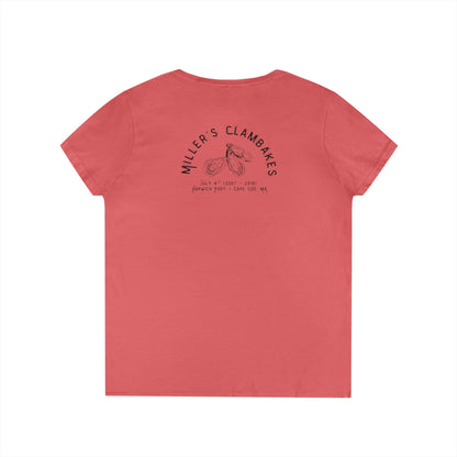 Red v-neck t-shirt with Oyster shell graphic and text Miller's Clambakes on the back