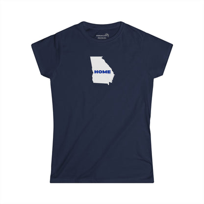 Navy Women's Semi-fitted v-neck Tee with tear-away label; 100% cotton with State of Georgia graphic and text "Home" in Georgia State University colors