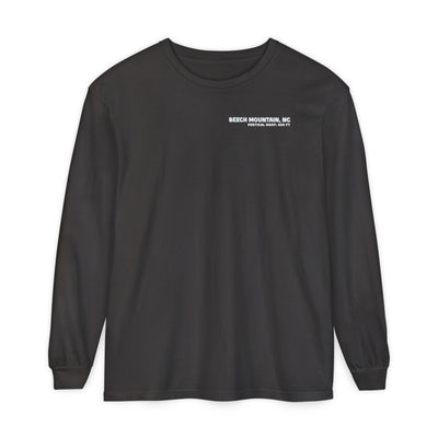 Black long-sleeve Comfort Color t-shirt with text Beech Mountain NC Vertical Drop  830 ft