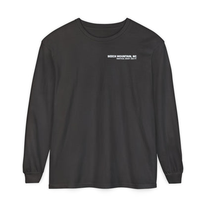 Black long-sleeve Comfort Color t-shirt with text Beech Mountain NC Vertical Drop  830 ft