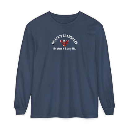 Navy blue long-sleeve shirt with a happy lobster graphic and text "Miller's Clambakes Harwich Port, MA"
