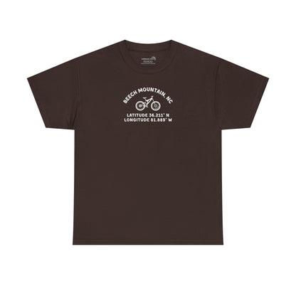 Brown t-shirt with mountain bike graphic and text "Beech Mountain, NC - Latitude and Longitude" coordinates