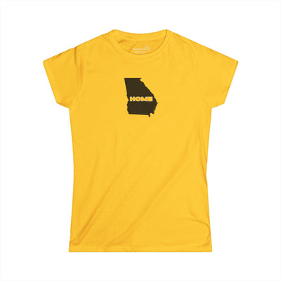 Yellow Women's Semi-fitted v-neck Tee with tear-away label; 100% cotton with State of Georgia graphic and text "Home" in kennesaw state university colors