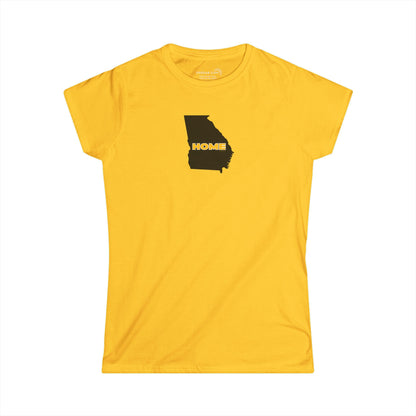 Yellow Women's Semi-fitted v-neck Tee with tear-away label; 100% cotton with State of Georgia graphic and text "Home" in kennesaw state university colors