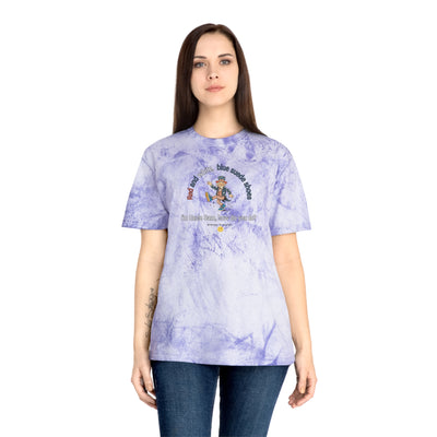 Person wearing a purple tie-dye t-shirt with Uncle Sam dancing and text "Red and White, Blue Suede Shoes..." 