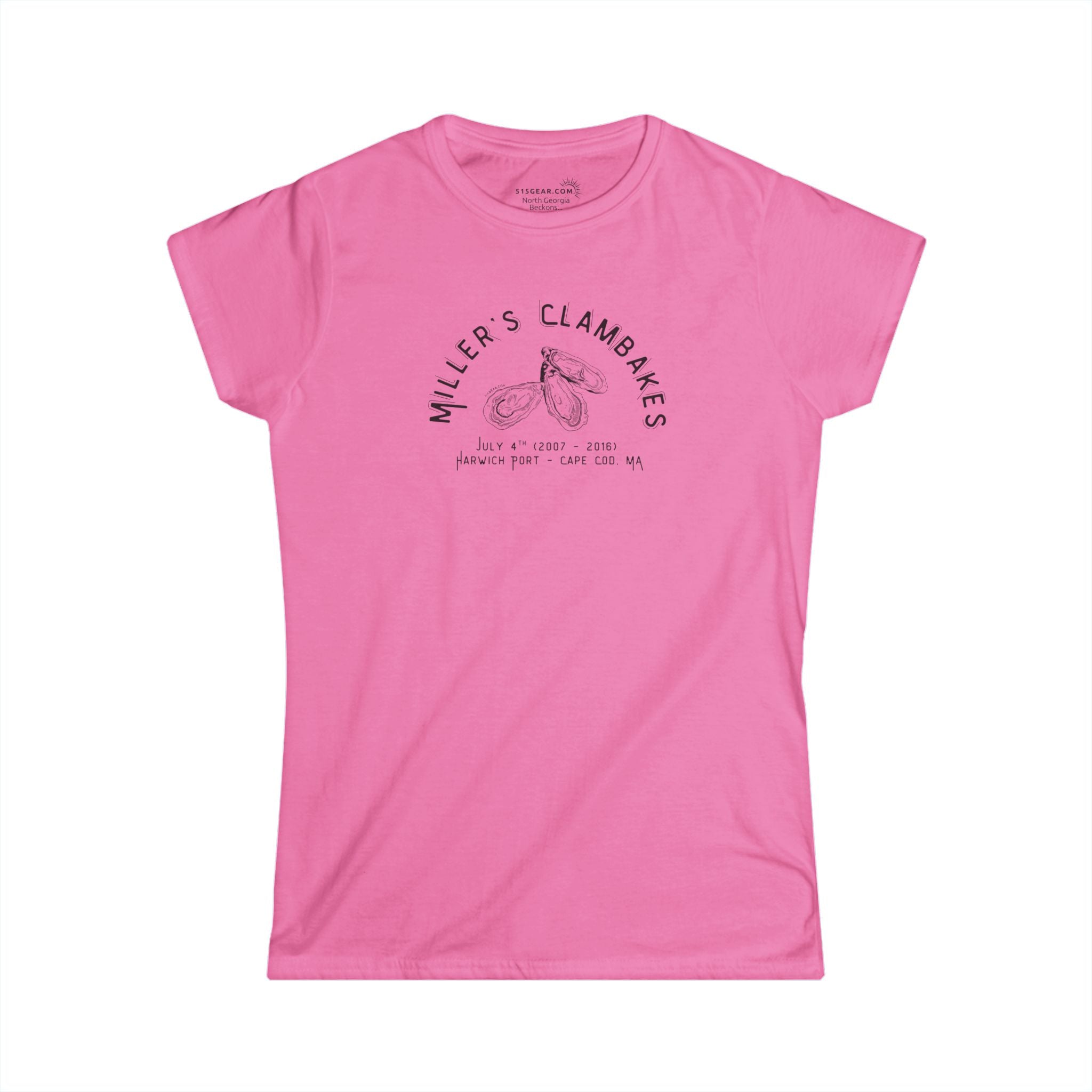 Pink t-shirt with Oyster shell graphic and text Miller's Clambakes