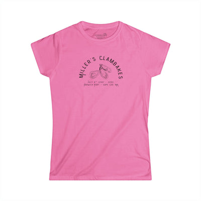Pink t-shirt with Oyster shell graphic and text Miller's Clambakes