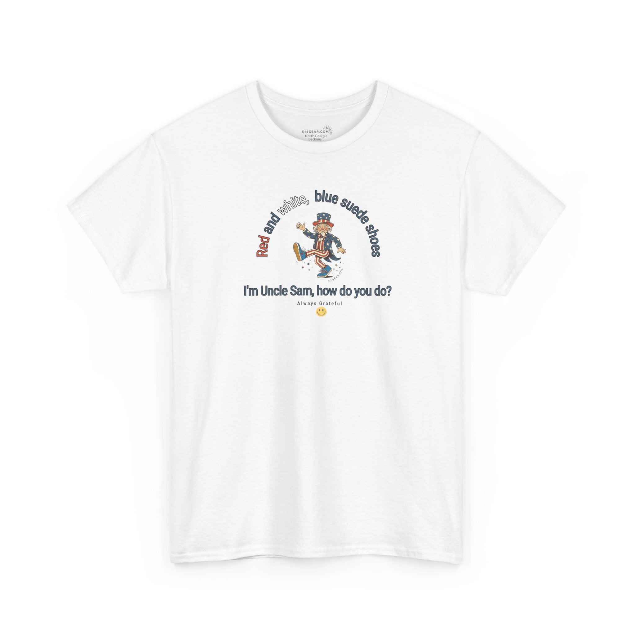 White  t-shirt with July 4th dancing Uncle Sam and text 