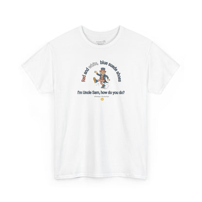 White  t-shirt with July 4th dancing Uncle Sam and text 