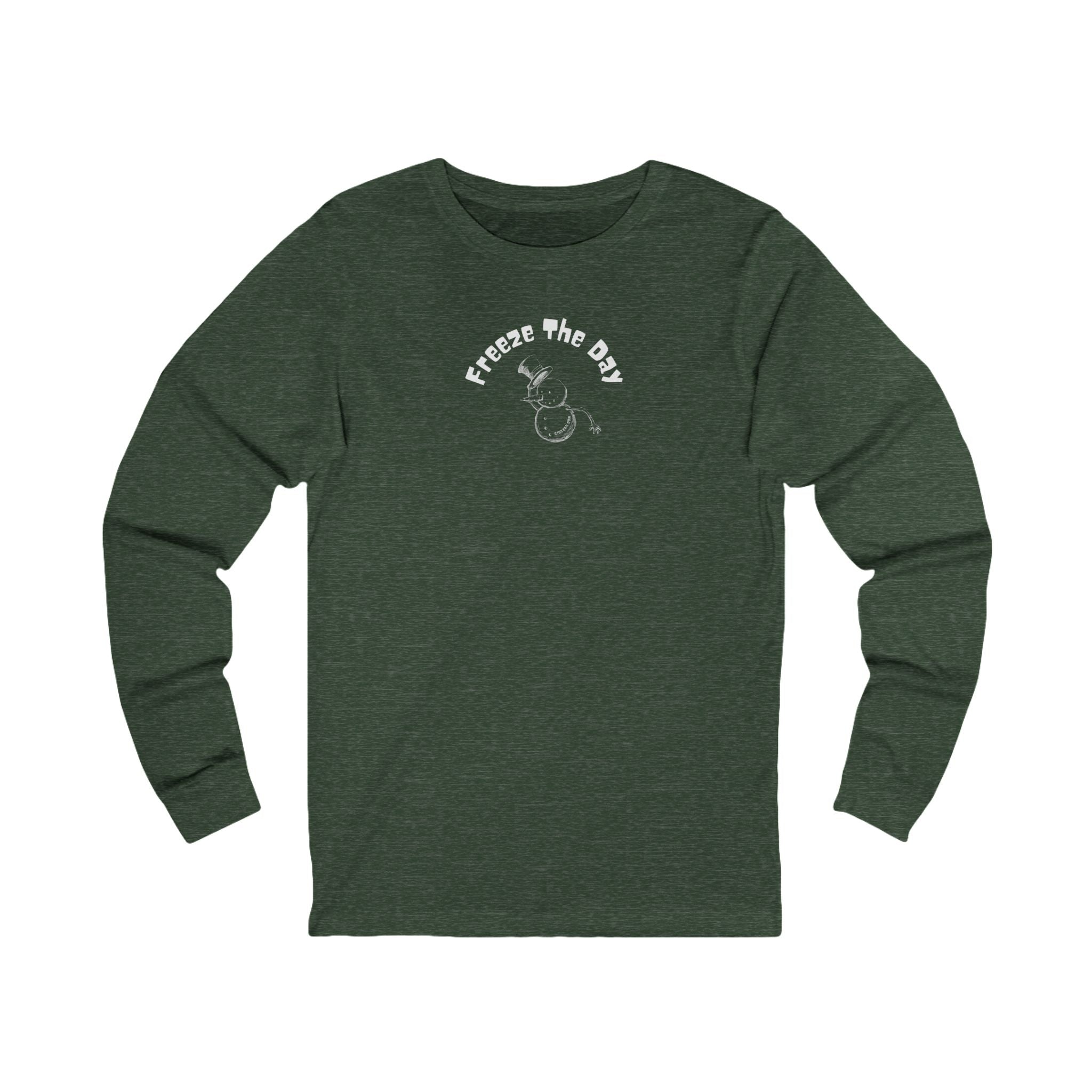 Green long-sleeve shirt with a snowman tipping a hat and text "Freeze the Day" by 515Gear.com
