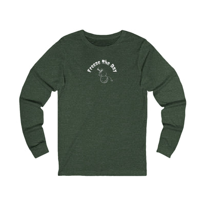 Green long-sleeve shirt with a snowman tipping a hat and text "Freeze the Day" by 515Gear.com