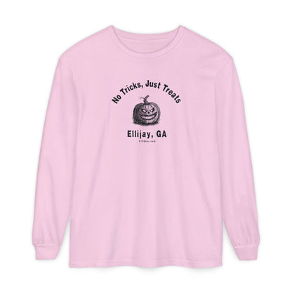 Pink comfort colors long sleeve tee with Halloween-themed design "No Tricks, Just Treats - Ellijay, GA" by 515Gear.com