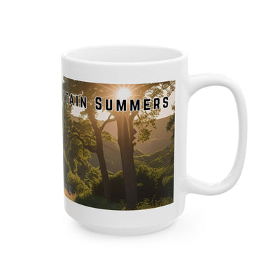 Mug with a vintage scenic design of a rural road at sunrise cutting through the North Georgia Mountains in Summer by 515Gear.com