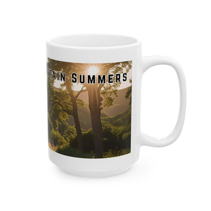 Mug with a vintage scenic design of a rural road at sunrise cutting through the North Georgia Mountains in Summer by 515Gear.com